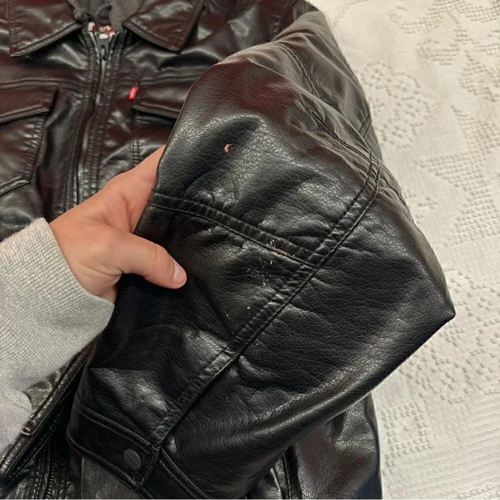 Levi's Black Leather Hoodie Sweatshirt Jacket Size M